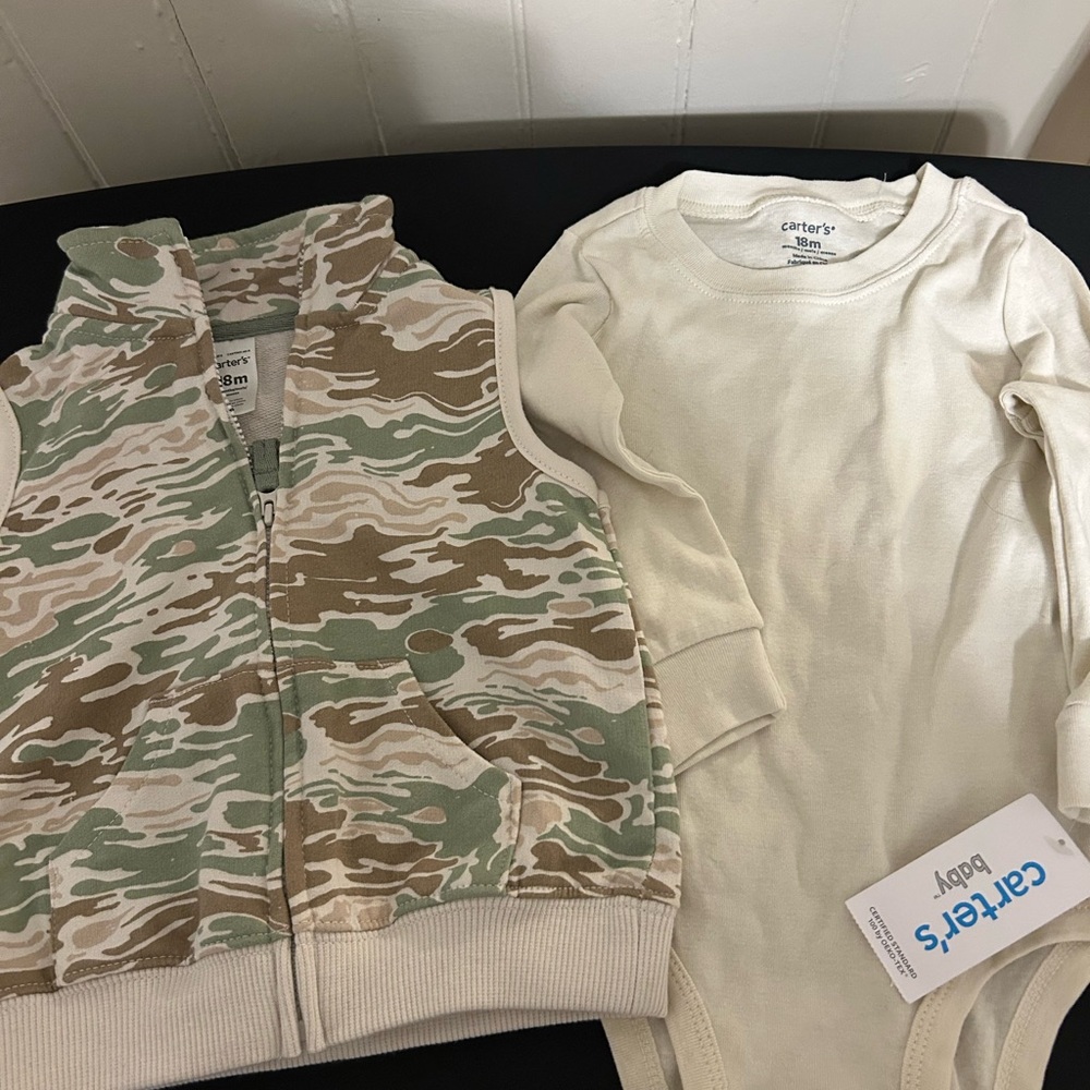 New With Tags Carter's Camo Vest and Cream Long Sleeve Set Size 18 Months